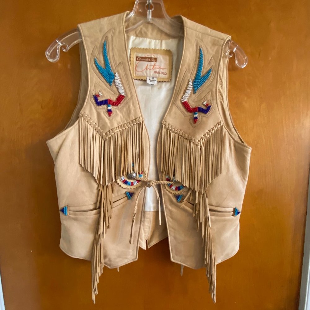 Vintage Beaded Leather Beige/Natural Fringe Vest
